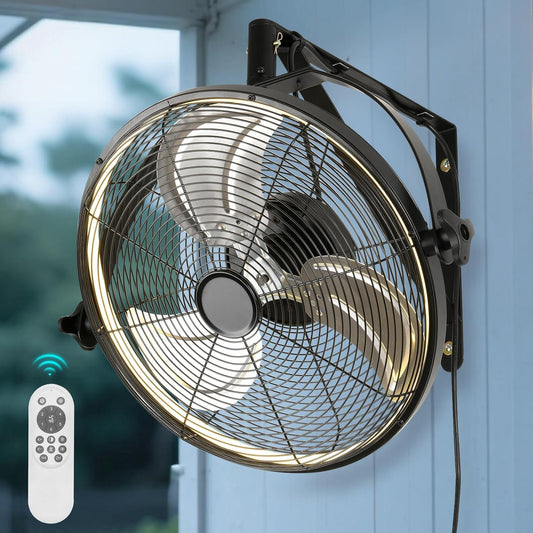 20 inch Wall Mount Fan with Lights and Remote,6-Speed Gazebo Ceiling Fan Adjustable Tilt Dimmable Wall Fan,High Velocity Industrial Outdoor Fans for Patio,Garage,Commercial,Black