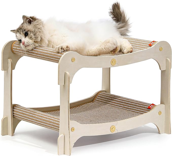 Cat Lounger, 2-Tier Wood Bed & Scratcher, Double Layer Cat Hammock Bunk Bed by Unknown