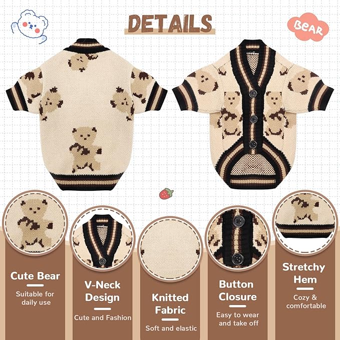 ABRRLO Small Dog Sweaters Cute Bear Dog Cardigans Clothes - Image 4