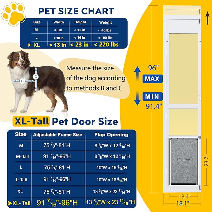 XLarge Dog Door for Sliding Glass Doors, 91 7/16" to 96" Tall, 12.8" Wide - Image 2