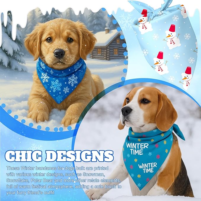 Preboun 50 Pcs Winter Dog Bandanas Bulk Blue Snowflakes Snowmen Bandanas - Image 2