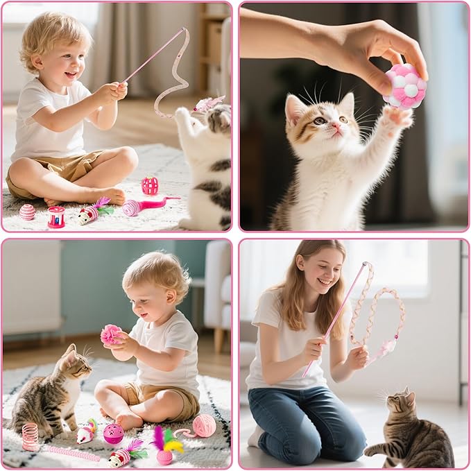 MALLMALL6 Cat Toy Set Interactive Cat Toys 27Pcs Pack Stuff Pink Feather Teaser - Image 4