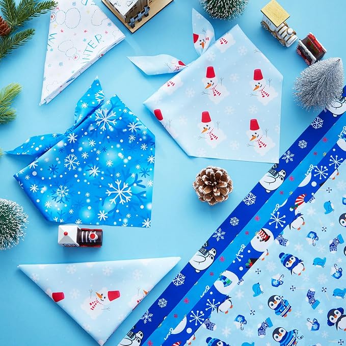 Preboun 50 Pcs Winter Dog Bandanas Bulk Blue Snowflakes Snowmen Bandanas - Image 5