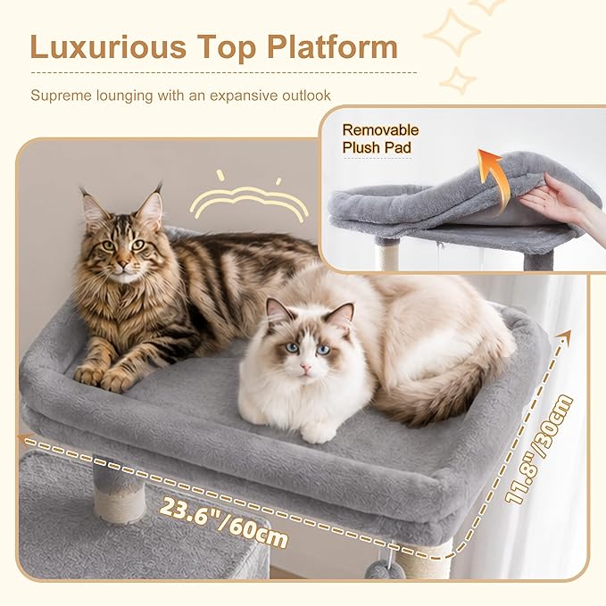 Heybly 68.1" Cat Tree with Oversized Top Platform & Wide Base, Heavy Duty Cat - Image 6