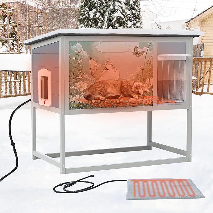 Outdoor Cat House with Heating Pad, Heated Raised Wood Cat Enclosure with by COZIWOW
