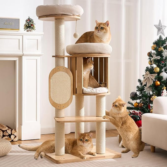 Modern Solid Wood Cat Tree for Indoor Cats Large Adult, 50in Tall Cat Tower by Kicari