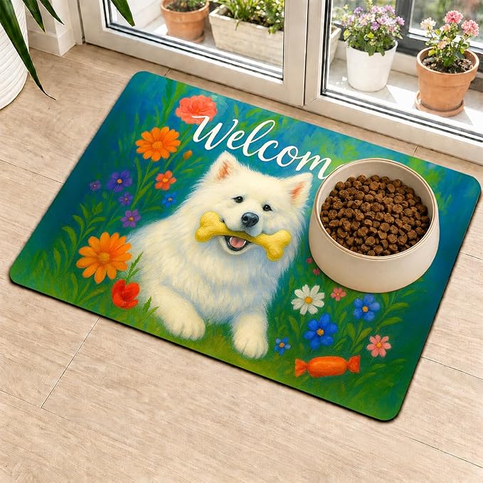 HOMETITUTE Cute Dog Feeding Mat Flower Garden Pattern 20" x 12", Non Slip Cat - Image 2