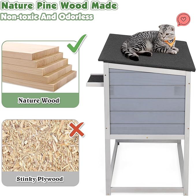 Outdoor Raised Wooden Cat House, Weatherproof Feral Cat Enclosure - Image 4