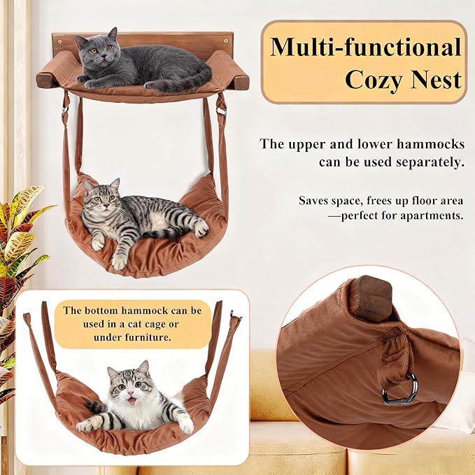 JSPYFITS Wooden Cat Wall Hammock, 18.9 x 12.6 Inch Double Layer Cat Furniture - Image 3