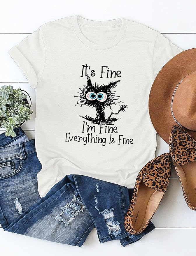 Funny Cat T Shirts for Women Everything is Fine Graphic Tees Casual Short - Image 4