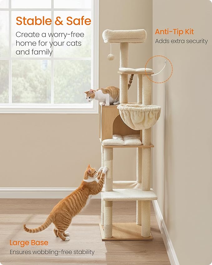 Feandrea Cat Tree, 65-Inch Tall Cat Tower, Scratching Posts, Almond Yellow - Image 6