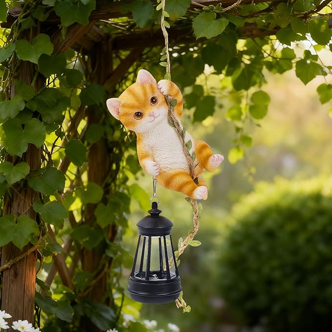 Solar Hanging Cat Statue, Outdoor Resin Orange Cat Figurine - Image 8