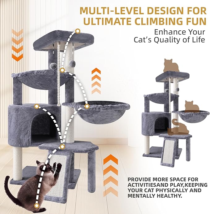 3-Tier Cat Tree with 2 Hammocks & Condo, Rope Ladder, Replaceable Hanging Balls - Image 6