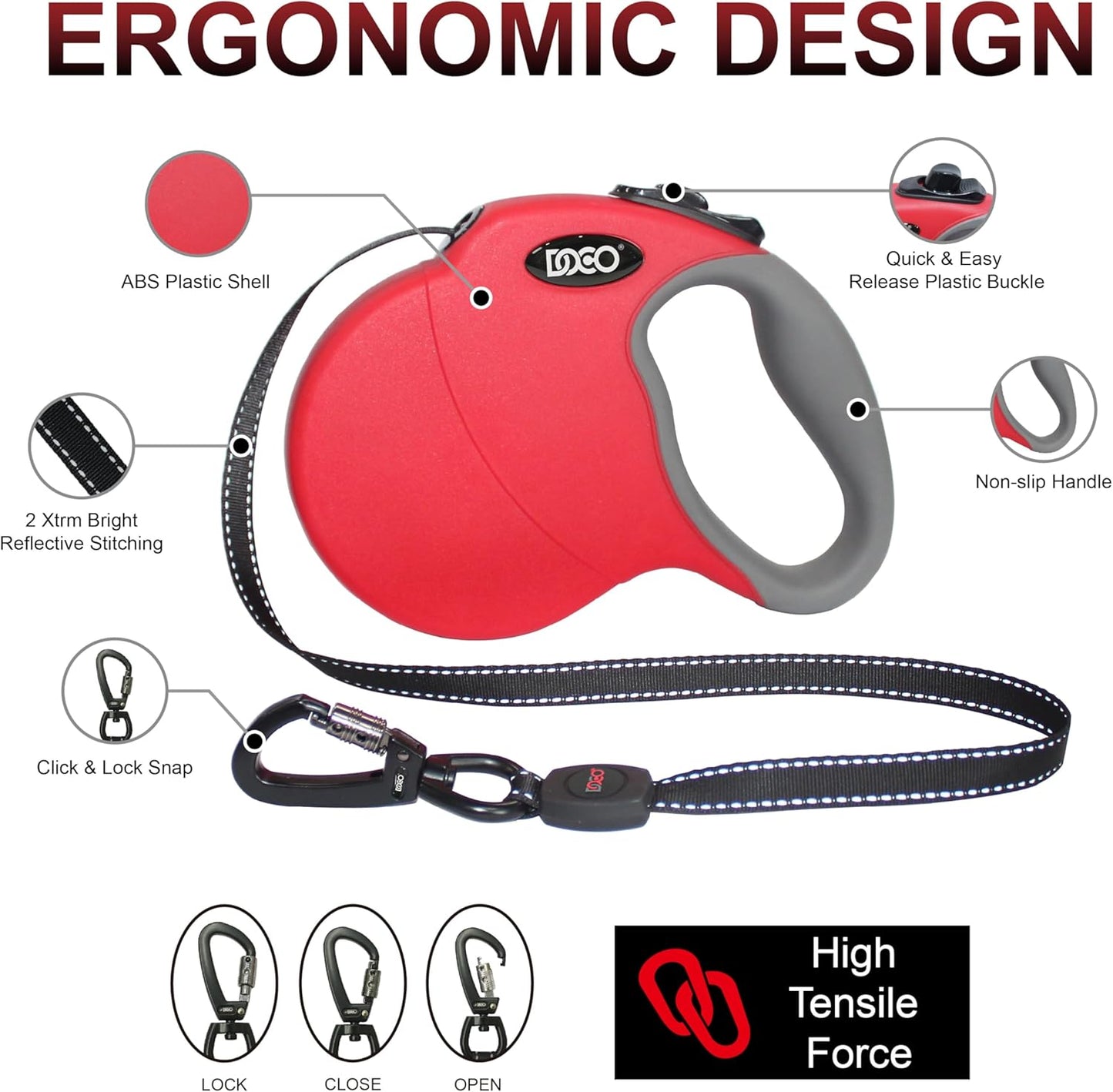 DOCO All Day Adventure Retractable Dog Leash with Stop-and-Lock Control, Reflective Tape, Anti-Slip Grip, Tangle-Free 360° Swivel Snap for Small, Medium, Large Dogs (Black/Small)