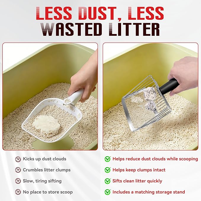 Metal Cat Litter Scoop with Holder, Heavy Duty Deep Sifter with Dual-Hole - Image 3