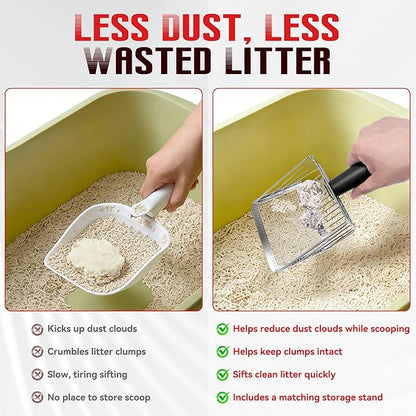 Metal Cat Litter Scoop with Holder, Heavy Duty Deep Sifter with Dual-Hole - Image 3