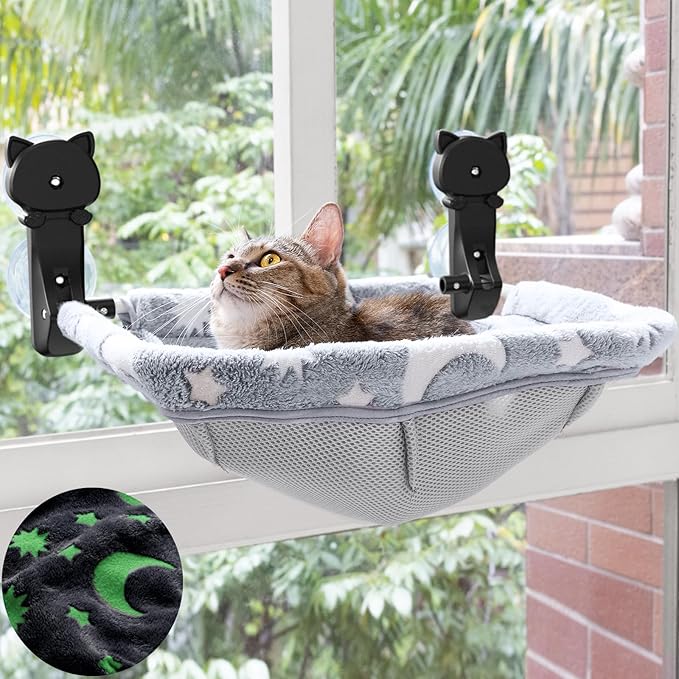 JUNSPOW Cat Window Perch Cordless, Glow in The Dark & Stable Cat Beds- by JUNSPOW
