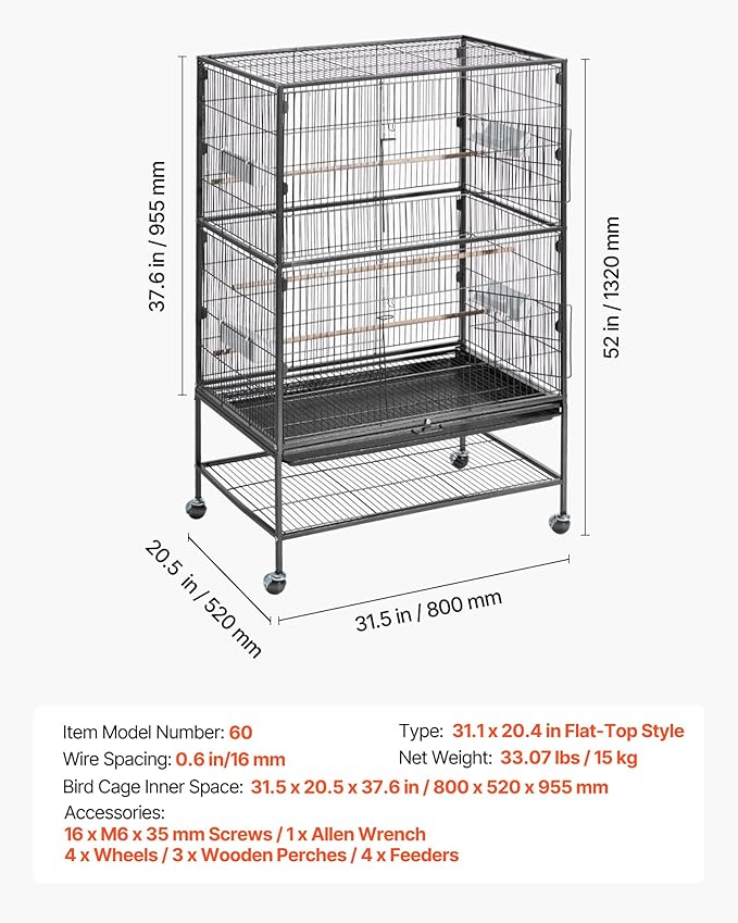 VEVOR Bird Cage, 31.5 x 20.5 x 52 inch, Flat Top, Wrought Iron Bird Flight Cage - Image 7