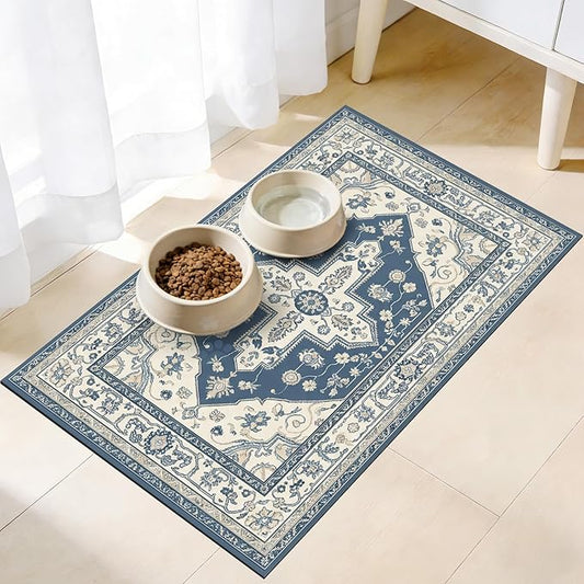 Pet Mats for Food and Water, Vintage Blue Boho Dog Food Mat for Floors by Unknown