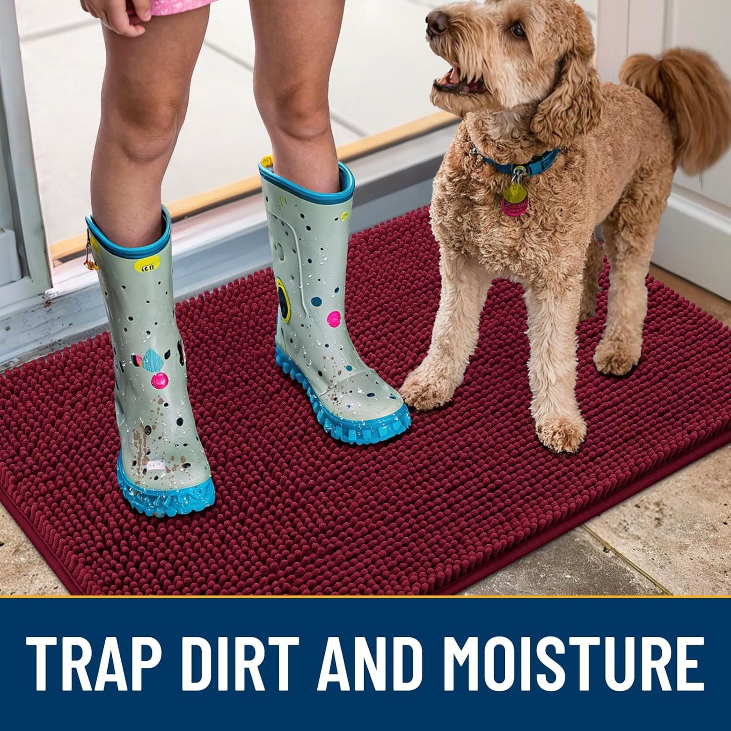 Smiry Dog Door Mat for Muddy Paws 36x24, Absorbs Moisture and Dirt Doormat, Non-Slip Washable Quick Dry Chenille Front Door Mat Indoor Entrance, Entryway Carpet for Inside Floor, Burgundy
