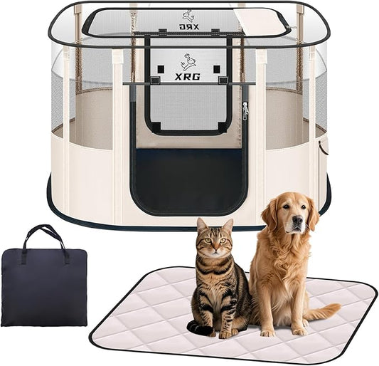 Dog Play Pen with Waterproof pad, Portable Dog Crates by XRG