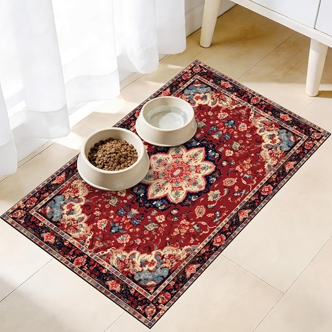 Pet Mats for Food and Water, Persia Red Dog Food Mat for Floors, Non Slip by Unknown