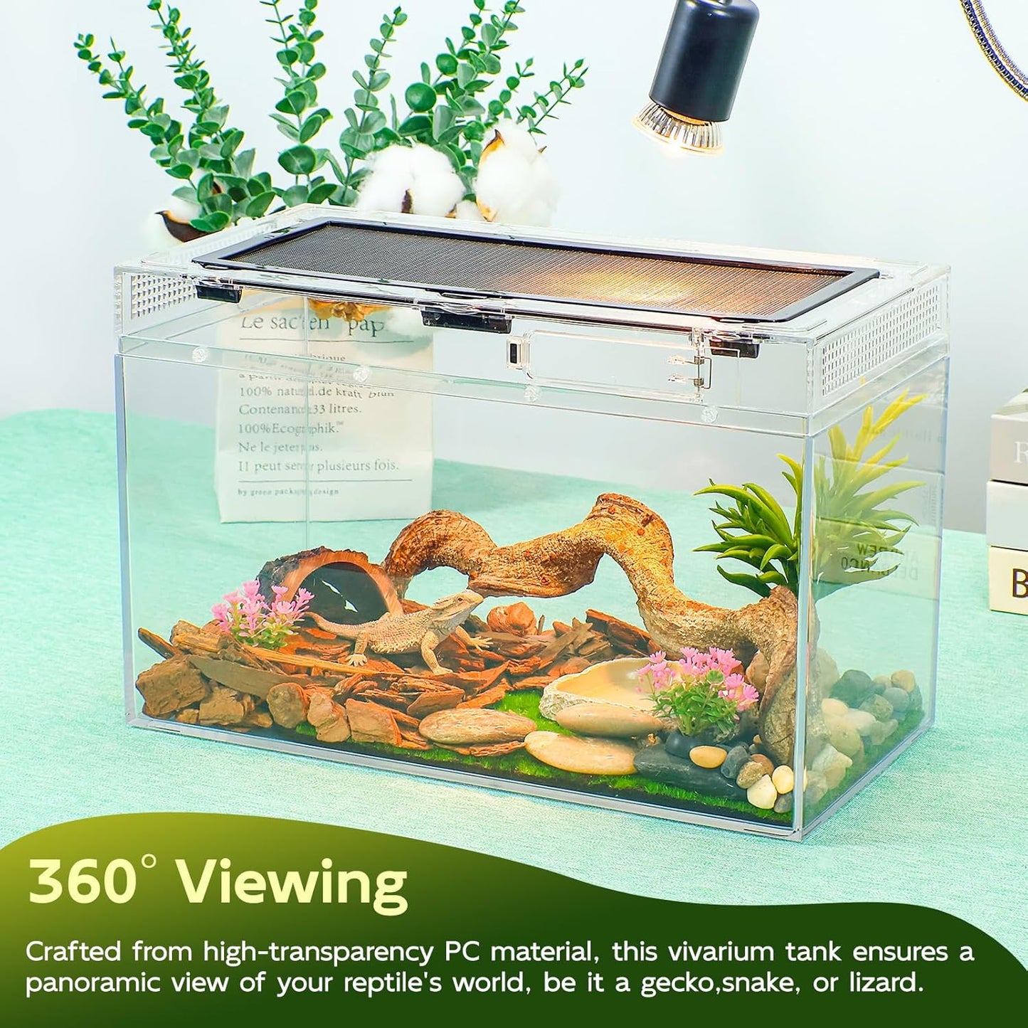 Reptile Tank Kit with Heat Lamp, Spray Bottle, Shovel, Tweezers, Food Bowl, Hideout -Perfect for Geckos, Jumping Spider,Milk Frog,Hermit Crabs,Snakes, Lizards (8''×8''×6'')