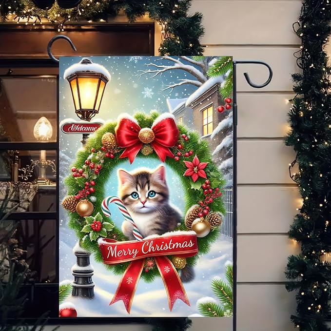 BlissYard Merry Christmas Cat Garden Flag 12x18 Inch Double Sided Holiday Kitten by BlissYard