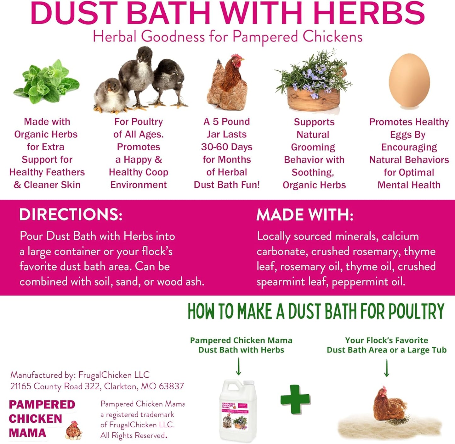 Pampered Chicken Mama 6 lb Dust Bath with Organic Herbs & Essential Oils for Chickens, Quail, & Poultry | Dust Bath for Chickens to Keep Feathers Clean & Healthy