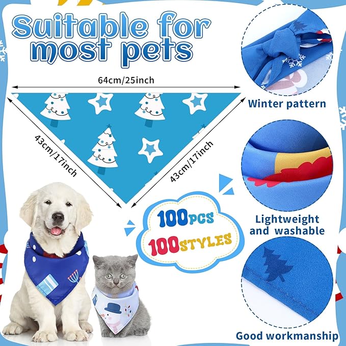 Huhumy 100 Pcs Winter Dog Bandanas Bulk Pet Bibs Blue Triangle Scarf Snowflake - Image 2