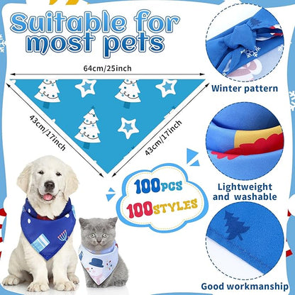 Huhumy 100 Pcs Winter Dog Bandanas Bulk Pet Bibs Blue Triangle Scarf Snowflake - Image 2
