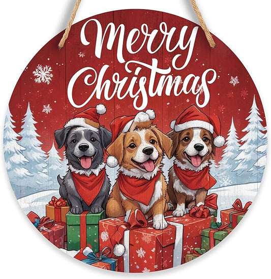 Three Little Dogs Wooden Merry Christmas Hanging Sign, 10 Inches Round by FRRCREU