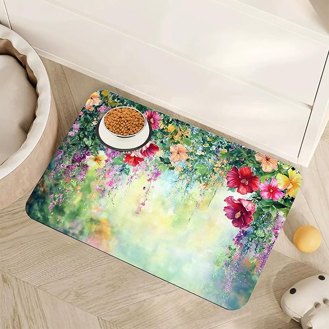 Abstract Spring Flowers Dog Food Mat by Unknown