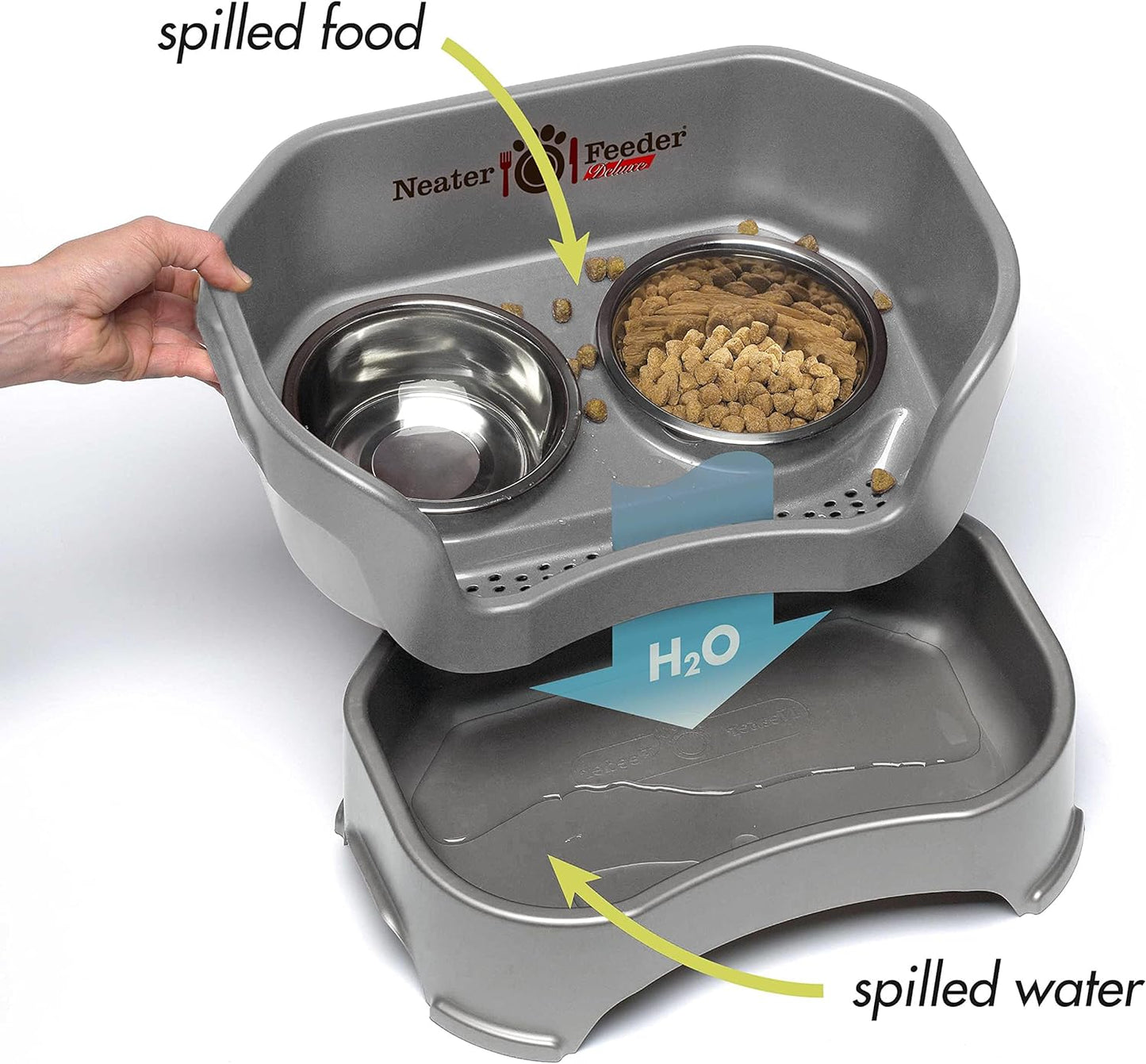 Neater Feeder Deluxe Mess Proof Dog Bowls Elevated for Medium Sized Breeds – Made in USA – No Spill Raised Slow Feeder Elevated Dog Bowl Stand w/Leg Extensions, Food and Water Bowl Set, Grey