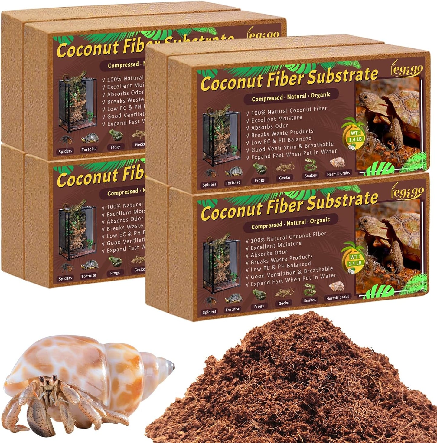 Legigo 8 Pack Compressed Coconut Fiber Substrate - 100% Organic Coconut Fiber Brick Bedding for Reptiles, Natural Coco Husk Substrate Terrarium Bedding for Snake, Hermit Crabs, Frogs, Tortoise, Gecko