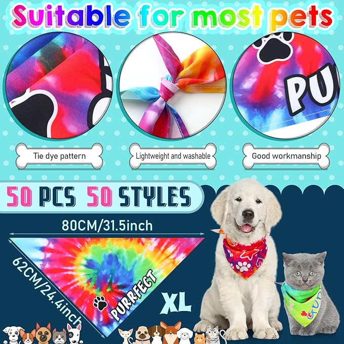 Huhumy 50 Pcs Tie Dye Dog Bandanas Bulk Tie Dye XL Pet Bibs Colorful Triangle - Image 2