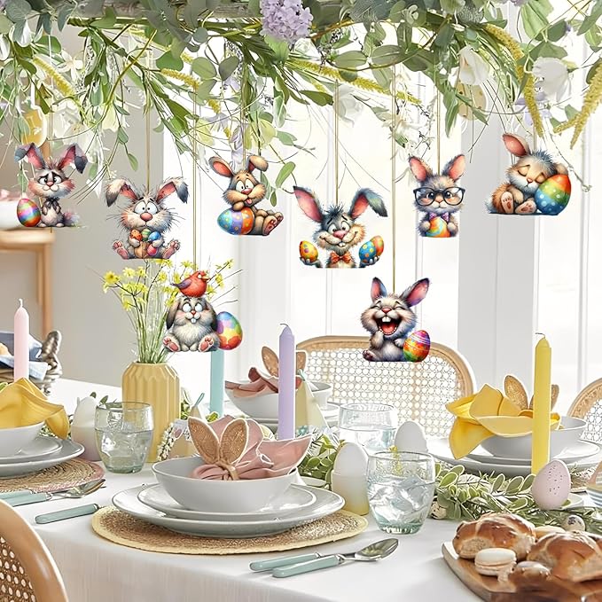 8 Pcs Easter Hanging Ornaments for Tree 2D Acrylic Cartoon Bunny - Image 3