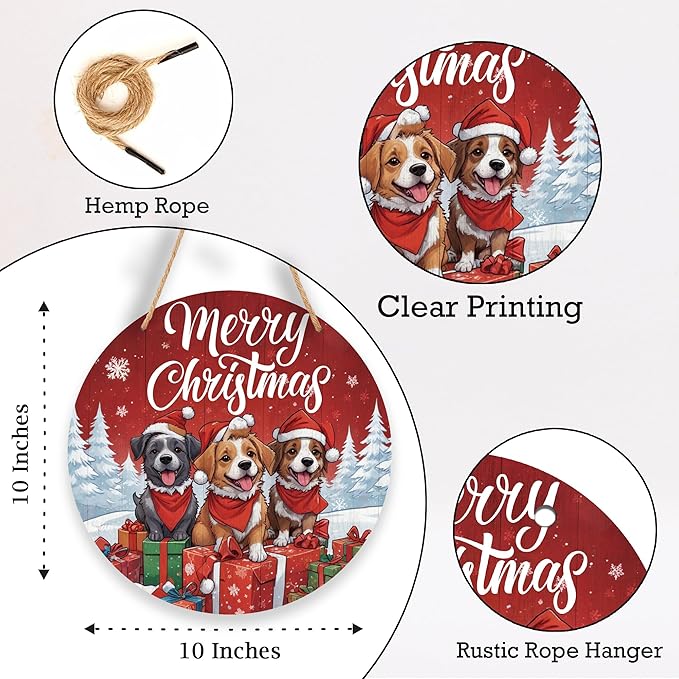 Three Little Dogs Wooden Merry Christmas Hanging Sign, 10 Inches Round - Image 2