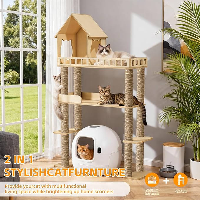 Wood Cat Tree for Automatic Litter Box, 60.2 Inch Tall Modern Cat Tree Tower - Image 5