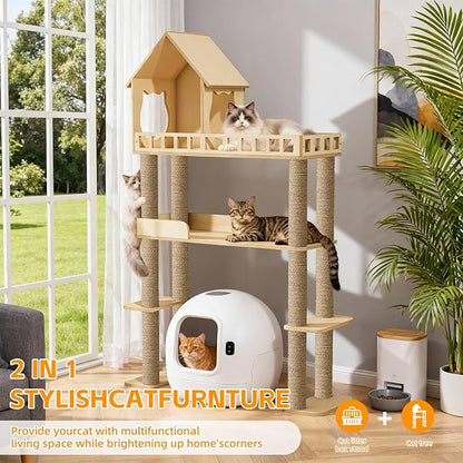 Wood Cat Tree for Automatic Litter Box, 60.2 Inch Tall Modern Cat Tree Tower - Image 5