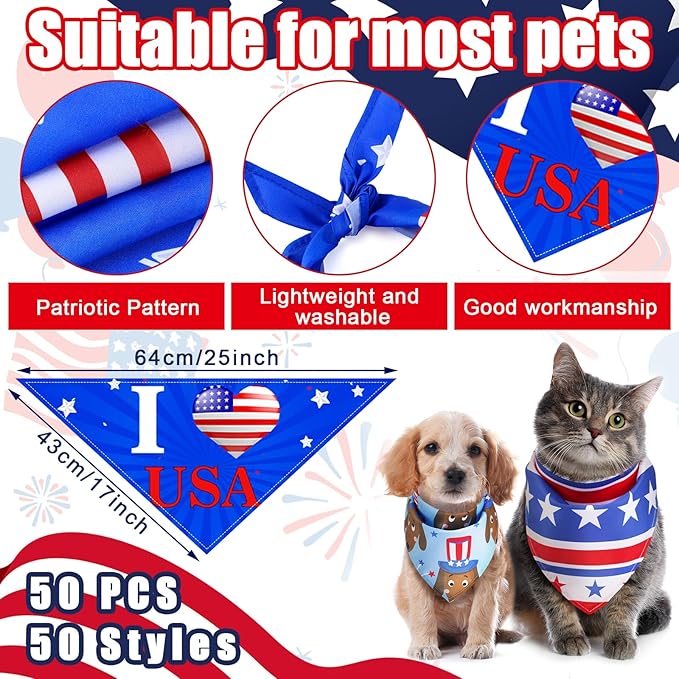 Huhumy 50 Pcs 4th of July Dog Bandanas 250th Anniversary Pet Bandanas Bulk - Image 3