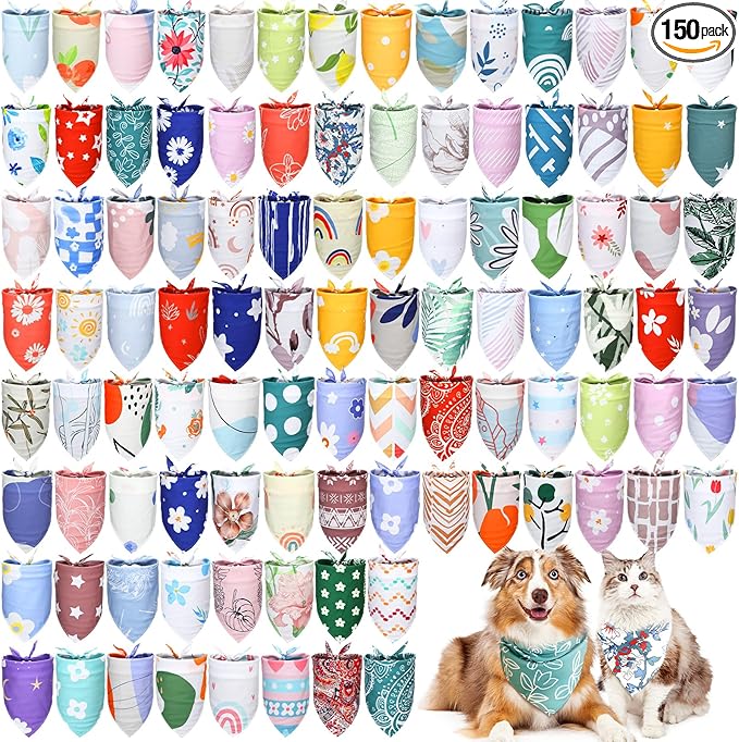 Huhumy 150 Pcs Boho Dog Bandanas Bulk Pet Bibs Colorful Triangle Scarf Pet Boho by Huhumy