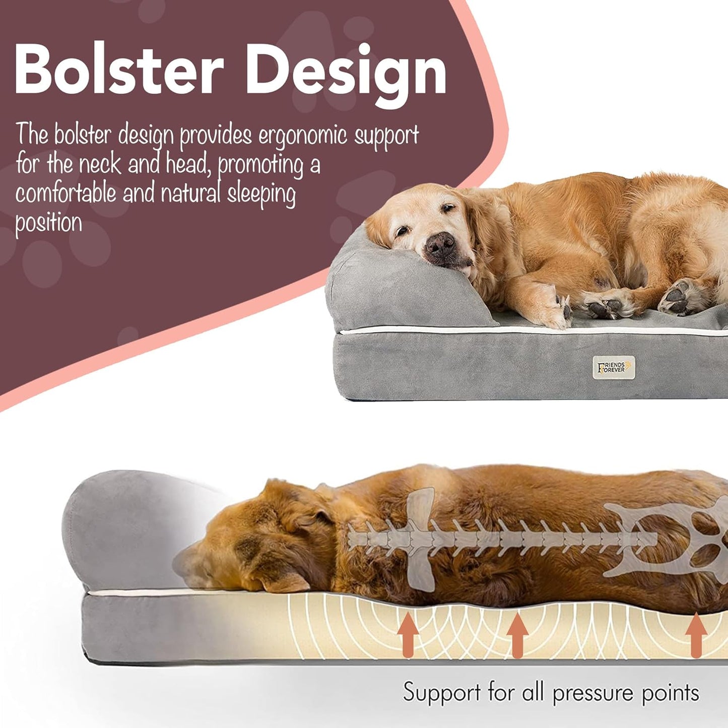 Friends Forever Orthopedic Dog Bed, Memory Foam Pet Sofa, Calming Dog Couch, Water Resistant Pet Bed, Washable Cover, Non-Slip Bottom, Chester, Grey, 25" x 20" x 5.5"