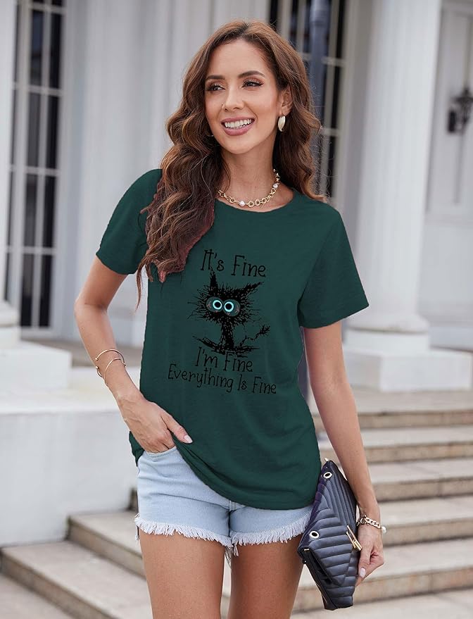 Funny Cat T Shirts for Women Everything is Fine Graphic Tees Casual Short - Image 3