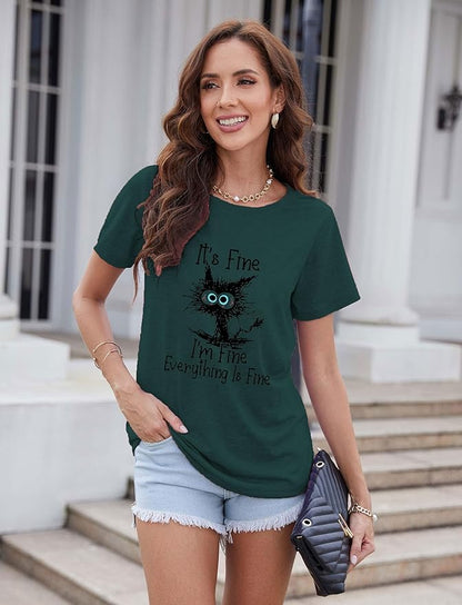 Funny Cat T Shirts for Women Everything is Fine Graphic Tees Casual Short - Image 3