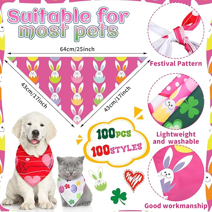 Huhumy 100 Pcs Easter Seasonal Dog Bandanas Easter Valentines Day St. Patrick's - Image 2