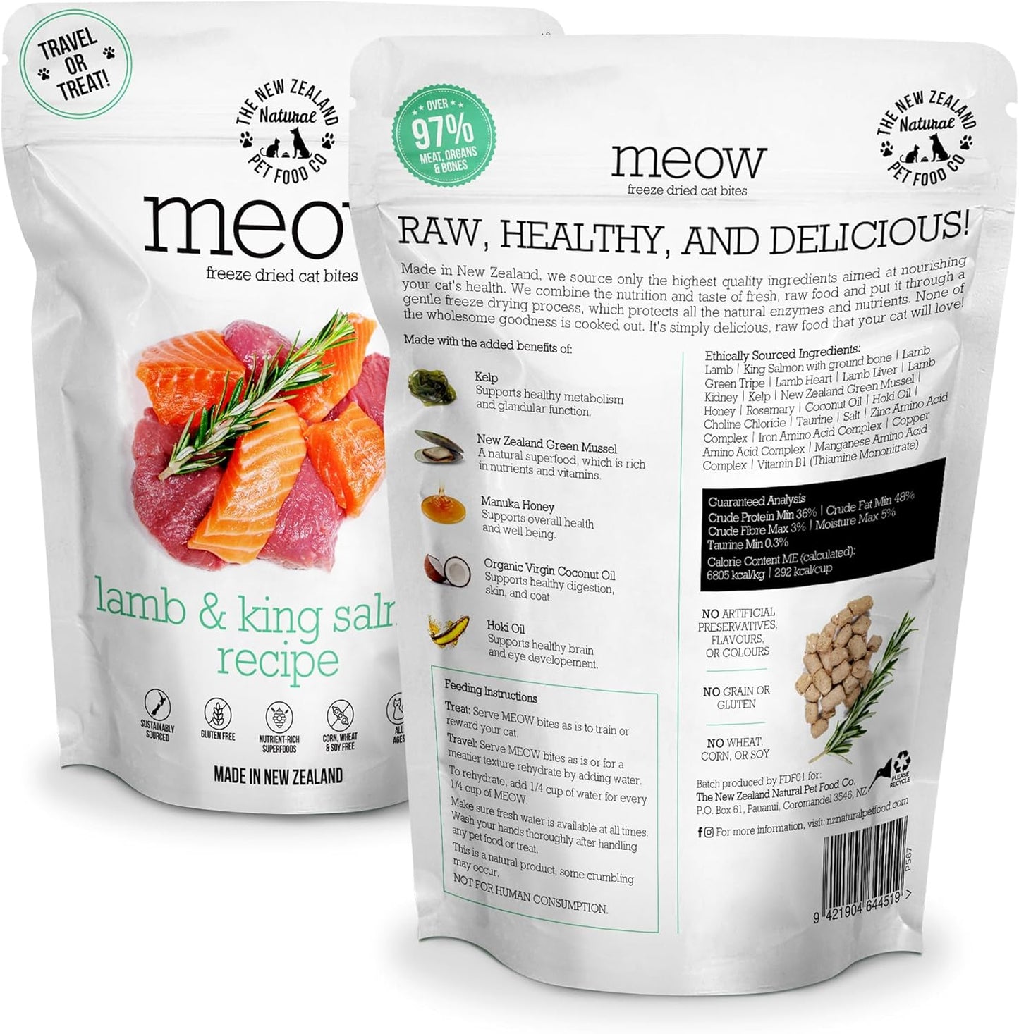 Meow Lamb & King Salmon Freeze Dried Raw Cat Food, Mixer, or Topper, or Treat - High Protein, Natural, Limited Ingredient Recipe 1.76 oz