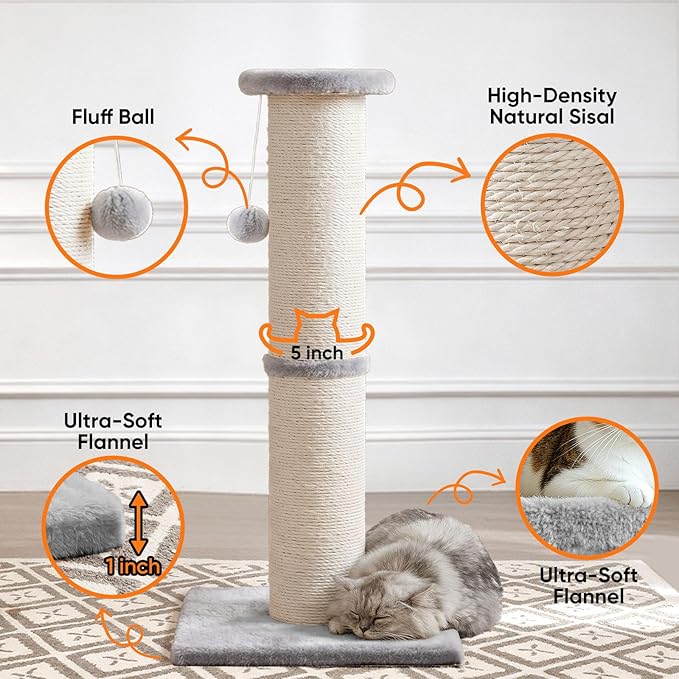 PAWSCRAT Cat Scratching Post 32" Tall, 5-Inch Diameter Natural Sisal Cat - Image 3