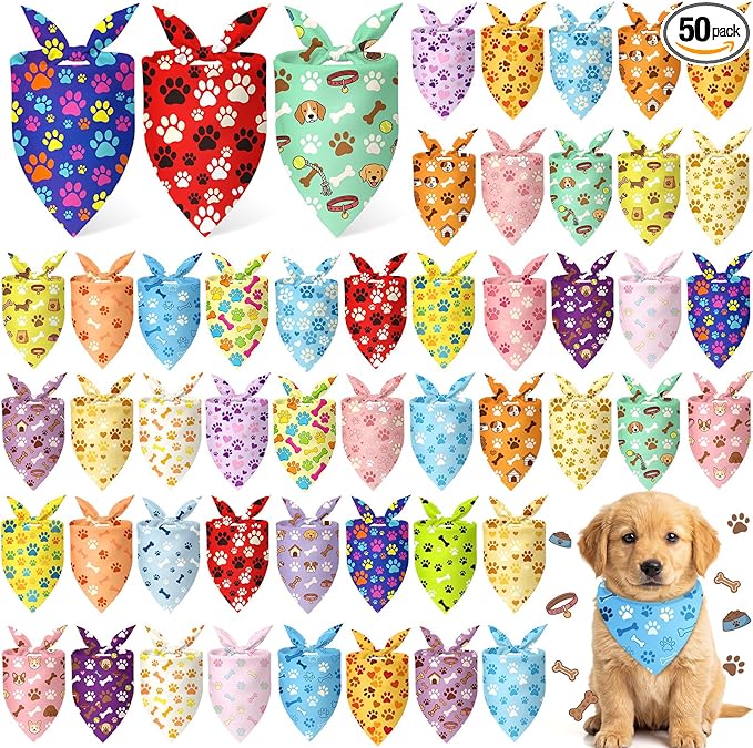 50 Pcs Paw Prints Dog Bandanas Bulk Bone Bandanas by Jeere
