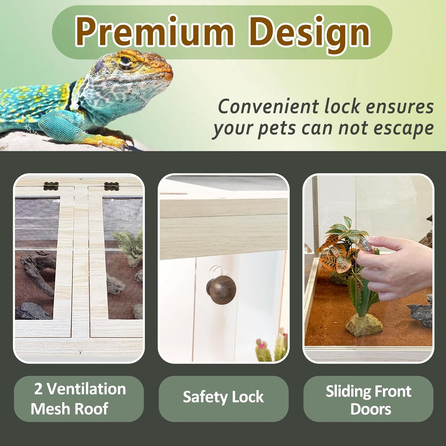 PROLEE Tempered Glass Bearded Dragon Tank,63 Gallon Reptile Tank with Meatl Mesh Roof and Front Sliding Door, Anti-Scratch Lizard Tank,Spacious Reptile Enclosure for Snakes,Lguanas, Chameleons (Oak)
